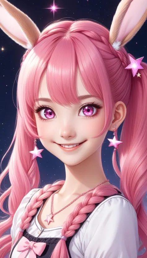 twin tails, inner color, braided bangs, pink hair color smiling, pink eyes, character portrait, star hair accessories, sparkle e...