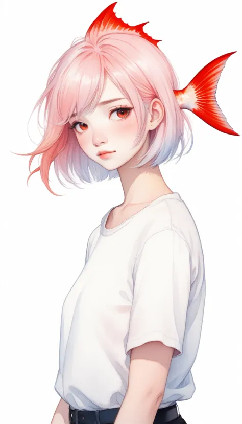 fish on the head, solo, 1 girl, looking at viewer, upright, concept art, white background, simple background, white hair, red gr...