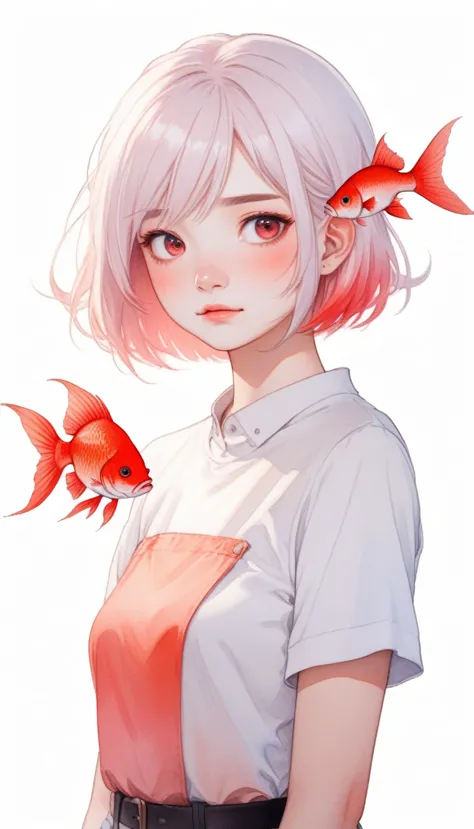 fish on the head, solo, 1 girl, looking at viewer, upright, concept art, white background, simple background, white hair, red gr...