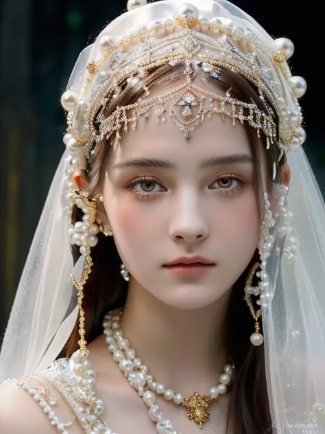 a close-up of a young woman wearing a veil and pearls and golden eyes., enjoyed fleece, veils and jewelry, pale porcelain skin, ...