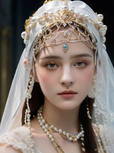 a close-up of a young woman wearing a veil and pearls and golden eyes., enjoyed fleece, veils and jewelry, pale porcelain skin, ...