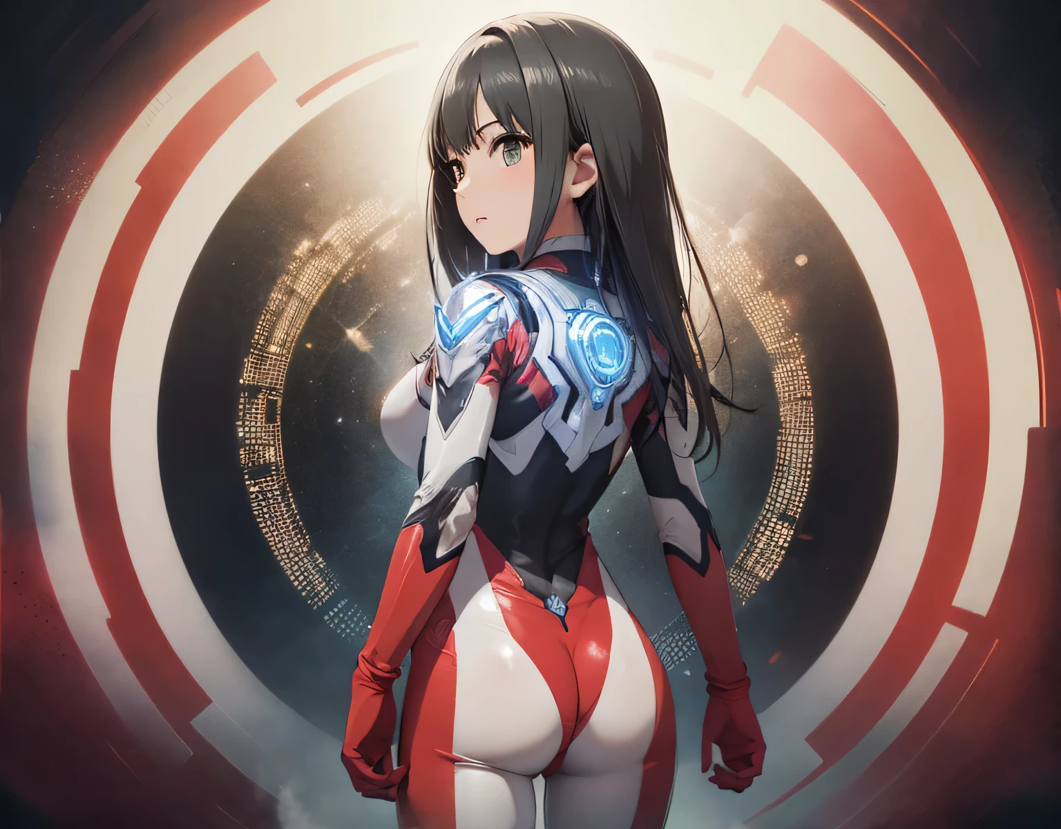 Best Quality、Ultra-detailed、High quality CG rendering、The most delicate and beautiful、Floating gently、High resolution、(One Shibuya Rin)、(Highest quality、4K、8k、masterpiece:1.2)、(Iris:1.5)、(Silver and red Ultraman bodysuit:1.4)、Slightly larger breasts、(Turn your back on the viewer:1.3)、back、Ass