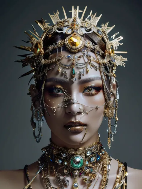 a woman with an elaborate headdress and a necklace and golden eyes., intricate chrome headpiece, portrait of a cyborg queen, int...