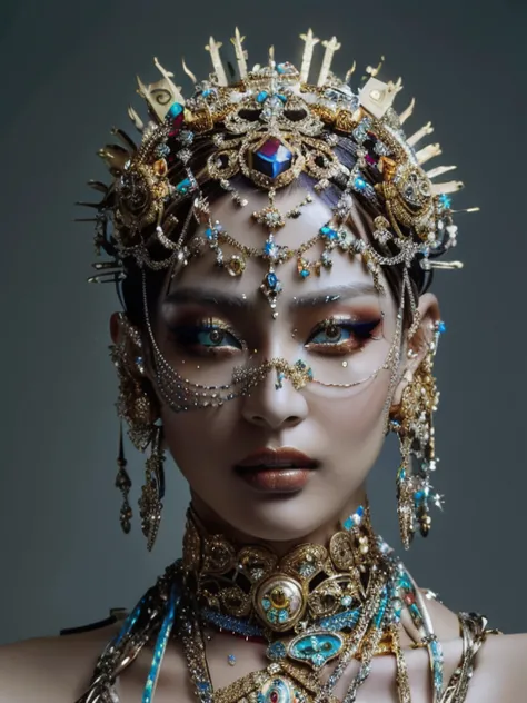 a woman with an elaborate headdress and a necklace and golden eyes., intricate chrome headpiece, portrait of a cyborg queen, int...