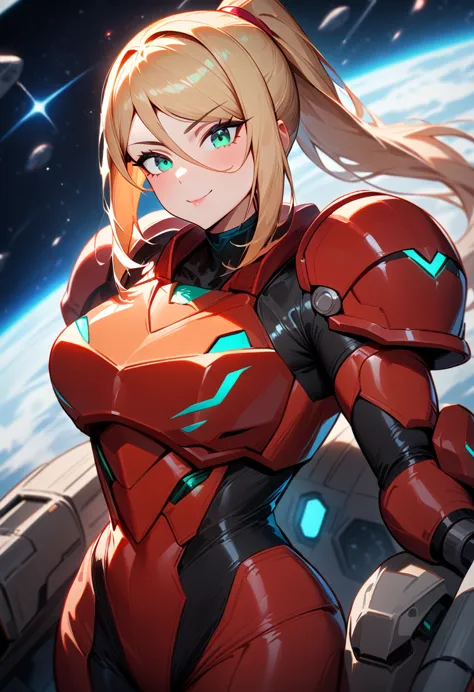 1girl,samus aran,solo,helmet, green eyes,blonde hair,power armor,ponytail,arm cannon,red chest armor, big shoulder armor,cowboy ...