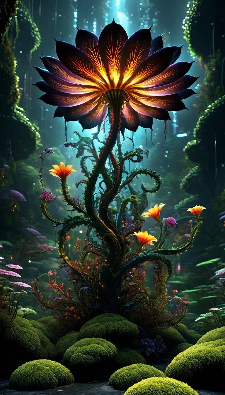 A stunning poster featuring a glowing ALIEN FLOWER in symbiosis against a black background, adorned with dark accents and moss details. Created by Snakeskin Huang Guangjiang and Dan Witts for CGSociety, the work boasts 8K resolution and HDR color gamut, sophisticated artistic rendering, futuristic sci-fi aesthetics and digital art influences. The vibrant design is detailed and high resolution, with 3D rendering and a frontal perspective currently trending on ArtStation.