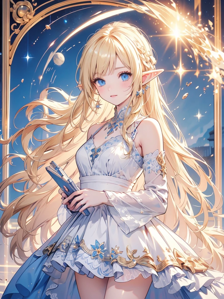 masterpiece, best quality, 1lady, ultra detailed, ultra highres, 8k, well-definded facial features, anatomically correct, cute lady, long pointy ears, elf, nice face, blonde hair, blue eyes, universe, space suit, standing on the moon, 