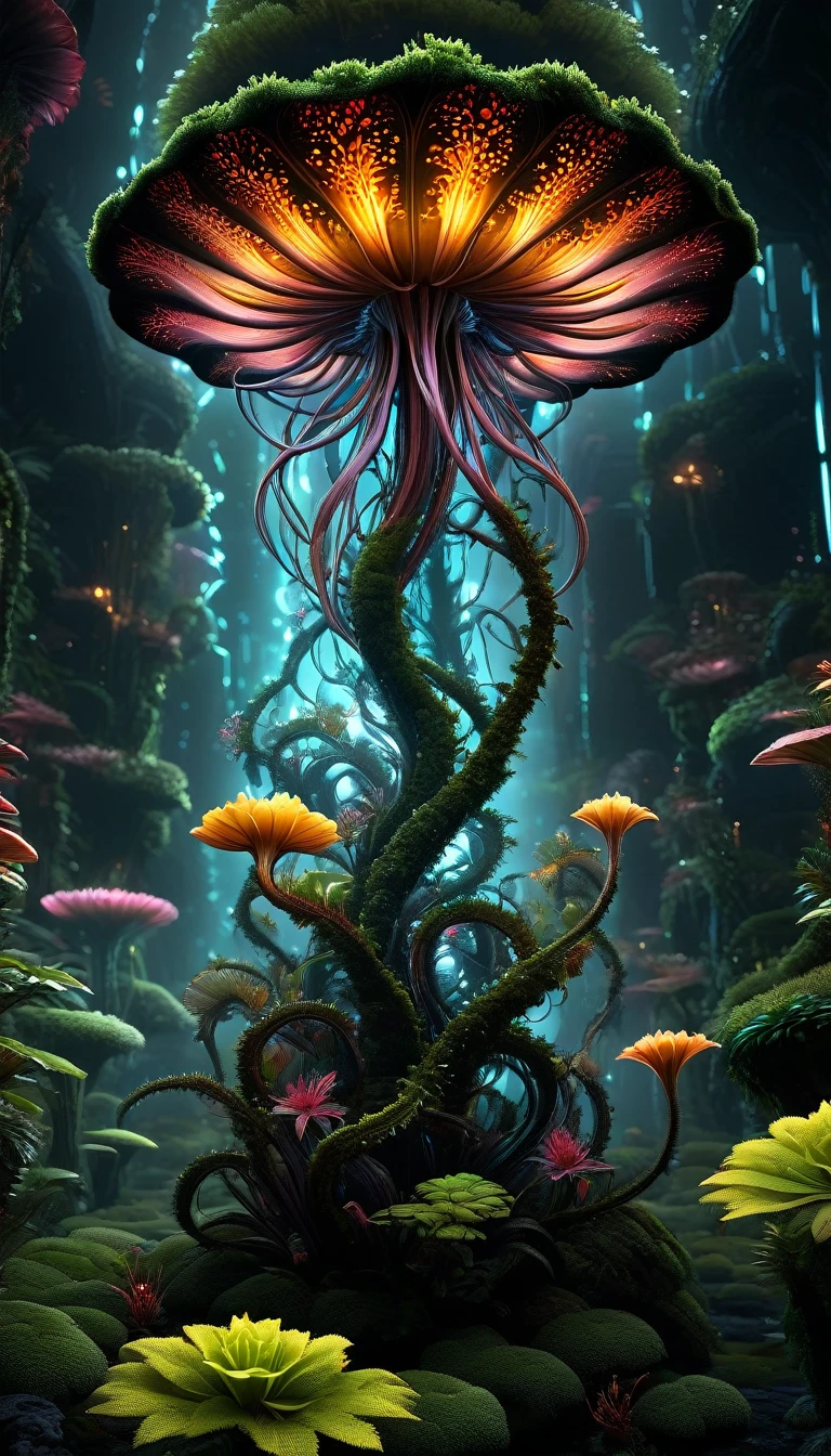 A stunning poster featuring a glowing ALIEN FLOWER in symbiosis against a black background, adorned with dark accents and moss details. Created by Snakeskin Huang Guangjiang and Dan Witts for CGSociety, the work boasts 8K resolution and HDR color gamut, sophisticated artistic rendering, futuristic sci-fi aesthetics and digital art influences. The vibrant design is detailed and high resolution, with 3D rendering and a frontal perspective currently trending on ArtStation.