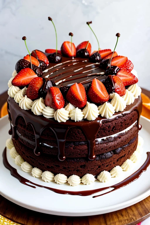 A chocolate cake with orange striped frosting, decorated with strawberries, chocolate balls, chocolate chip cookies, cherries, topped with caramel sauce and cinnamon as the topper.