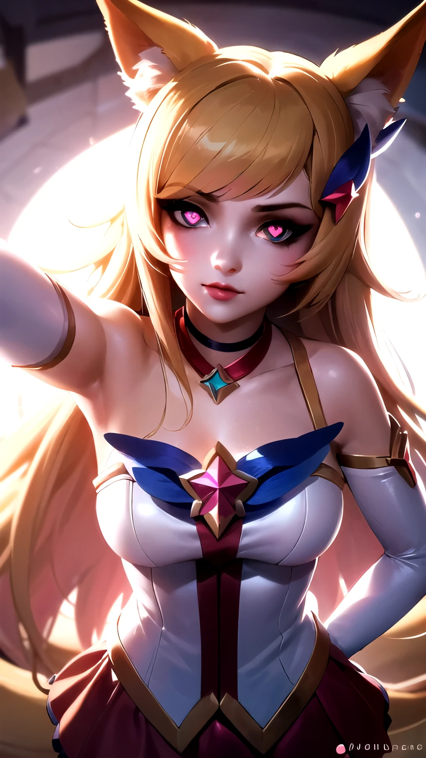 Heart-shaped_pupils, 1girl solo, kabedon pov, (solo, 1girl), starguardianahri, (elbow gloves, hair ornament, star guardian \(league of legends\), chocker, blonde hair, long hair, fox tail, skirt, ),