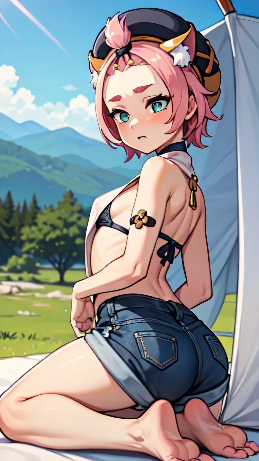 (Infant )Ahegao、Butt Emphasis、She kneels to reveal her white polka dot panties、、Turn to me、Realistic、( girl with mohawk hair)、Close-up from the ground、(Summer camp in the mountains)、(In the tent)Butt Emphasis、(White Denim Shorts、)wear,  small breasts, dionadef