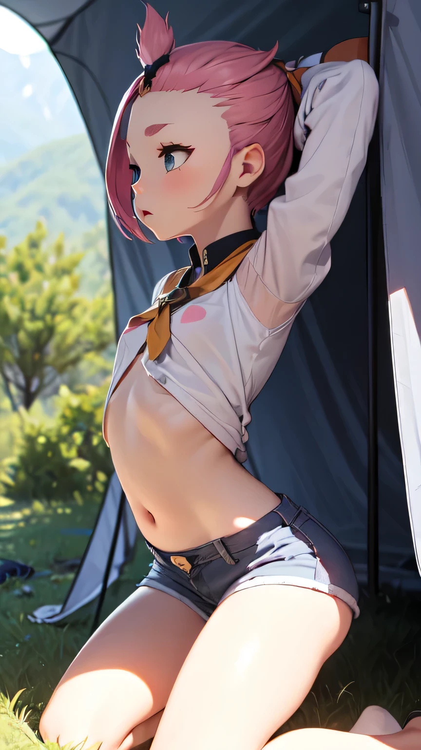 (Infant )Ahegao、Butt Emphasis、She kneels to reveal her white polka dot panties、、Turn to me、Realistic、( girl with mohawk hair)、Close-up from the ground、(Summer camp in the mountains)、(In the tent)Butt Emphasis、(White Denim Shorts、)wear,  small breasts, dionadef