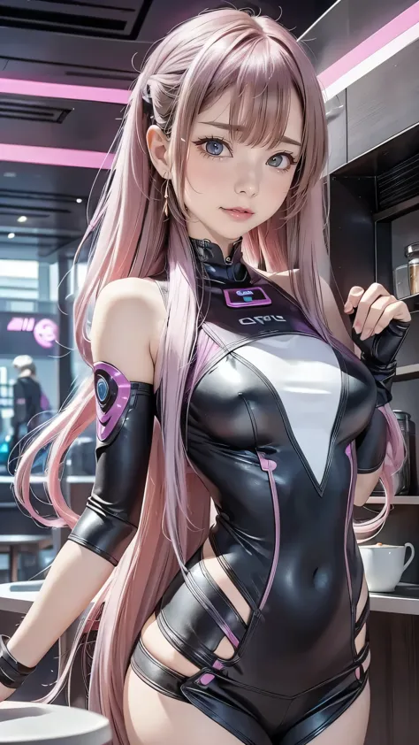 futuristic girl,  purple eyes, space, pink hair, long hair,  futuristic coffee shop,one girl,beautiful attention to detail, deta...