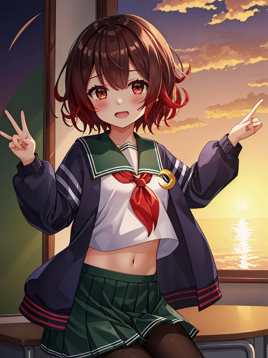 Portrait, official art, best masterpiece, best quality, best resolution, 8K, best detailed, perfect anatomy
BREAK
cowboy shot, sitting, legs together, arms apart, outstretched arms, hug
BREAK
(mutsuki_kantaicollection:1.15), short hair, brown hair, red hair, serafuku, gradient hair, multicolored hair, brown eyes, crescent, crescent pin, red eyes, jacket, neckerchief, sailor collar, school uniform, green sailor collar, red neckerchief, blue jacket, black jacket, (flat chest, child_like build, short stature:1.2), 1small girl, solo
BREAK
(sumile), (blush:1.2), open your mouth
BREAK
School, classroom, (evening, twilight:1.3), very fine and detailed 16KCG wallpapers