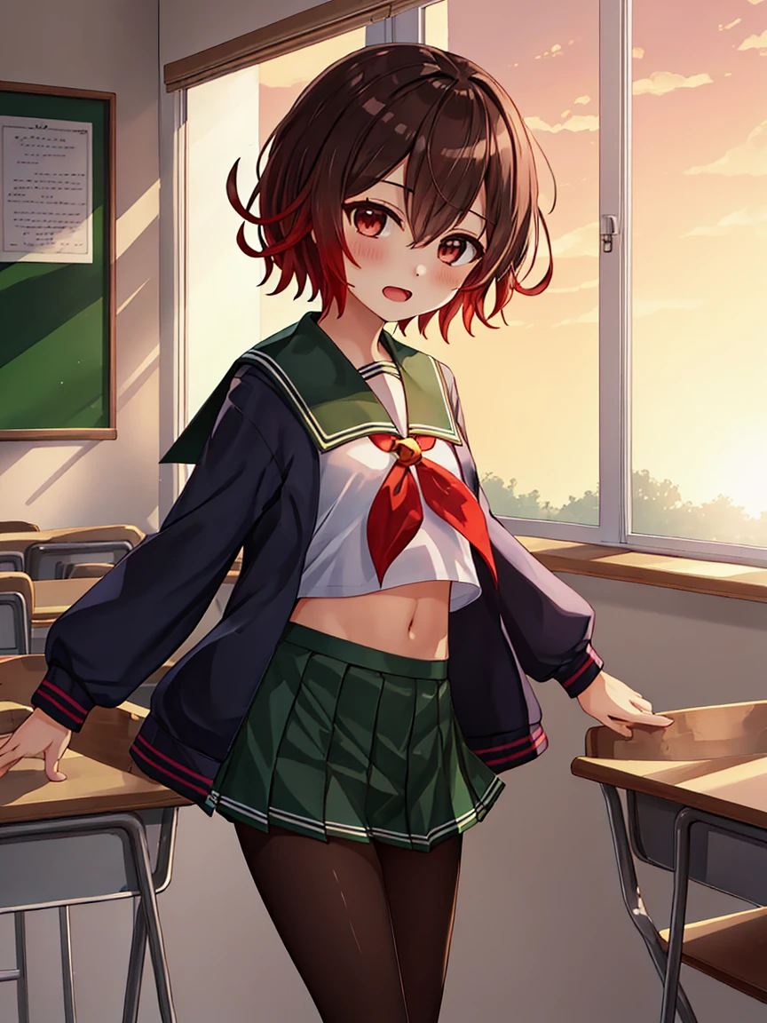 Portrait, official art, best masterpiece, best quality, best resolution, 8K, best detailed, perfect anatomy
BREAK
cowboy shot, sitting, legs together, arms apart, outstretched arms, hug
BREAK
(mutsuki_kantaicollection:1.15), short hair, brown hair, red hair, serafuku, gradient hair, multicolored hair, brown eyes, crescent, crescent pin, red eyes, jacket, neckerchief, sailor collar, school uniform, green sailor collar, red neckerchief, blue jacket, black jacket, (flat chest, child_like build, short stature:1.2), 1small girl, solo
BREAK
(sumile), (blush:1.2), open your mouth
BREAK
School, classroom, (evening, twilight:1.3), very fine and detailed 16KCG wallpapers