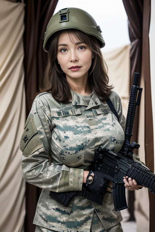 Mature attractive sexy woman,50 years old, ((((Combatant))))、(((Military)))、((Camouflage uniform))、((Military Helmet))、((((Combat Uniform))))、((Combat Uniformの上下))、((Combat Uniformの姿))、((survival))(((With an automatic rifle))),Shut,((Big Breasts:1.2)),(Facial wrinkles:1.3),light makeup,((Light brown hair)),Medium Hair,(((Full body photo:0.85))),(),8k, RAW Photos, Best Quality, masterpiece,Best Quality、、A captivating gaze、Random Hairstyles、、((((Scene from a camp in Afghanistan))))、((One Mature Woman))、((Only one person is visible))、