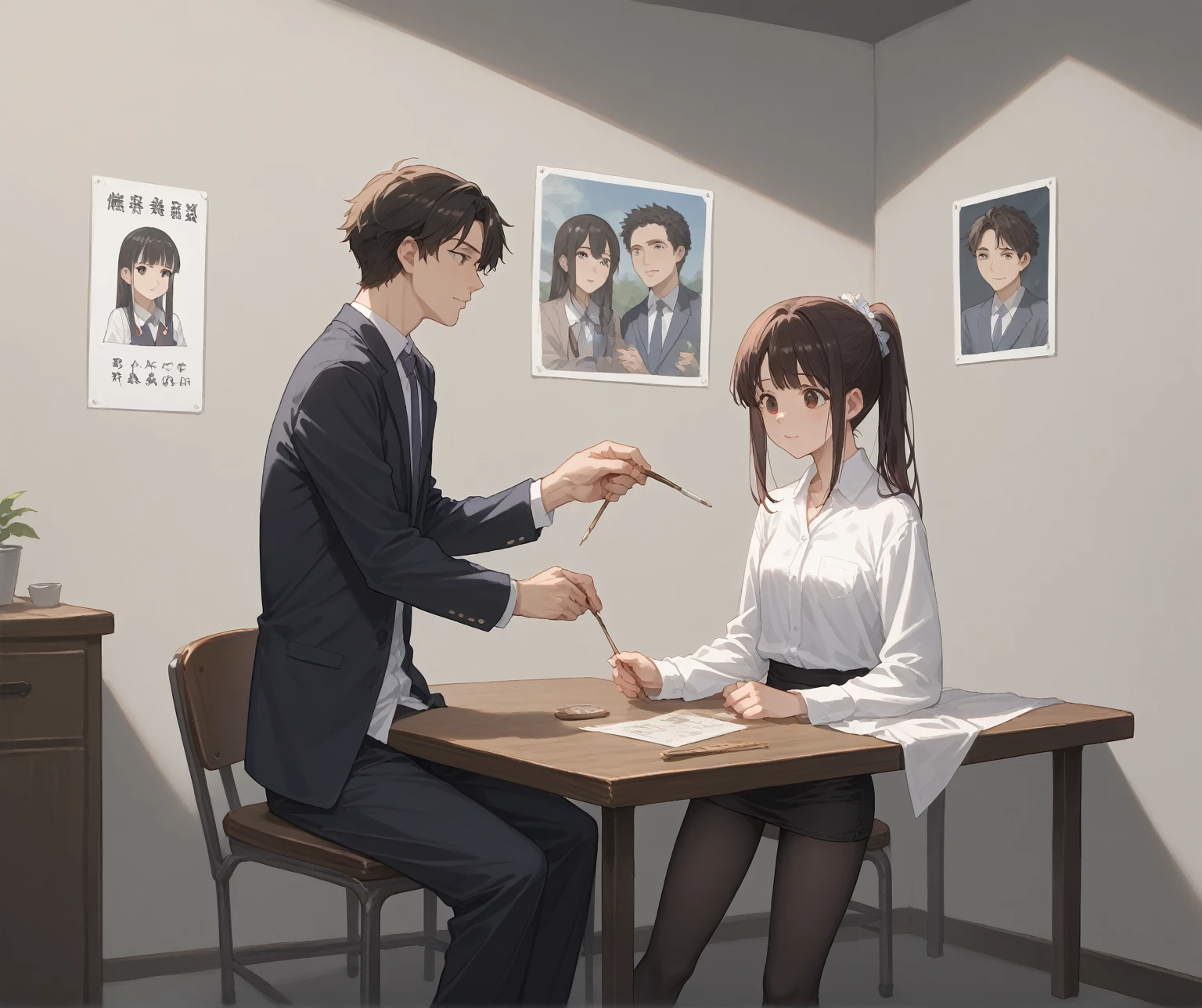 anime scene of a man and woman sitting at a table playing a game, high quality fanart, guweiz and makoto shinkai, realistic anime 3 d style, ; visual novel, smooth anime cg art, visual novel cg, artwork in the style of guweiz, at pixiv, painted in anime painter studio, by Kobayashi Kiyochika