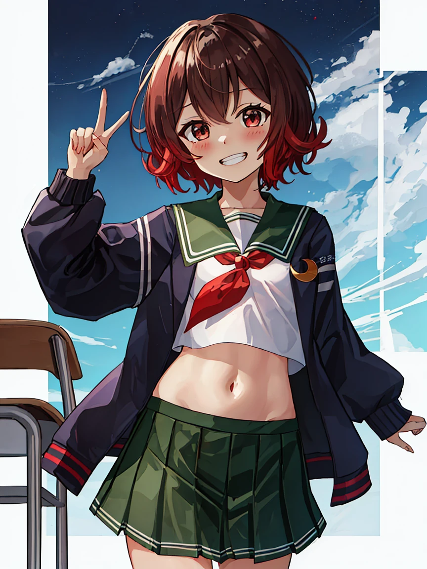 Portrait, official art, best masterpiece, best quality, best resolution, 8K, best detailed, perfect anatomy, (Dutch Angle)
BREAK
cowboy shot, legs together, arms behind body
BREAK
(mutsuki_kantaicollection:1.15), short hair, brown hair, red hair, serafuku, gradient hair, multicolored hair, brown eyes, crescent, crescent pin, red eyes, jacket, neckerchief, sailor collar, school uniform, green sailor collar, red neckerchief, blue jacket, black jacket, (flat chest, child_like build, short stature:1.2), 1small girl, solo
BREAK
(smile), (blush:1.2), open your mouth, grin
BREAK
School, classroom, (evening, twilight:1.3), very fine and detailed 16KCG wallpapers