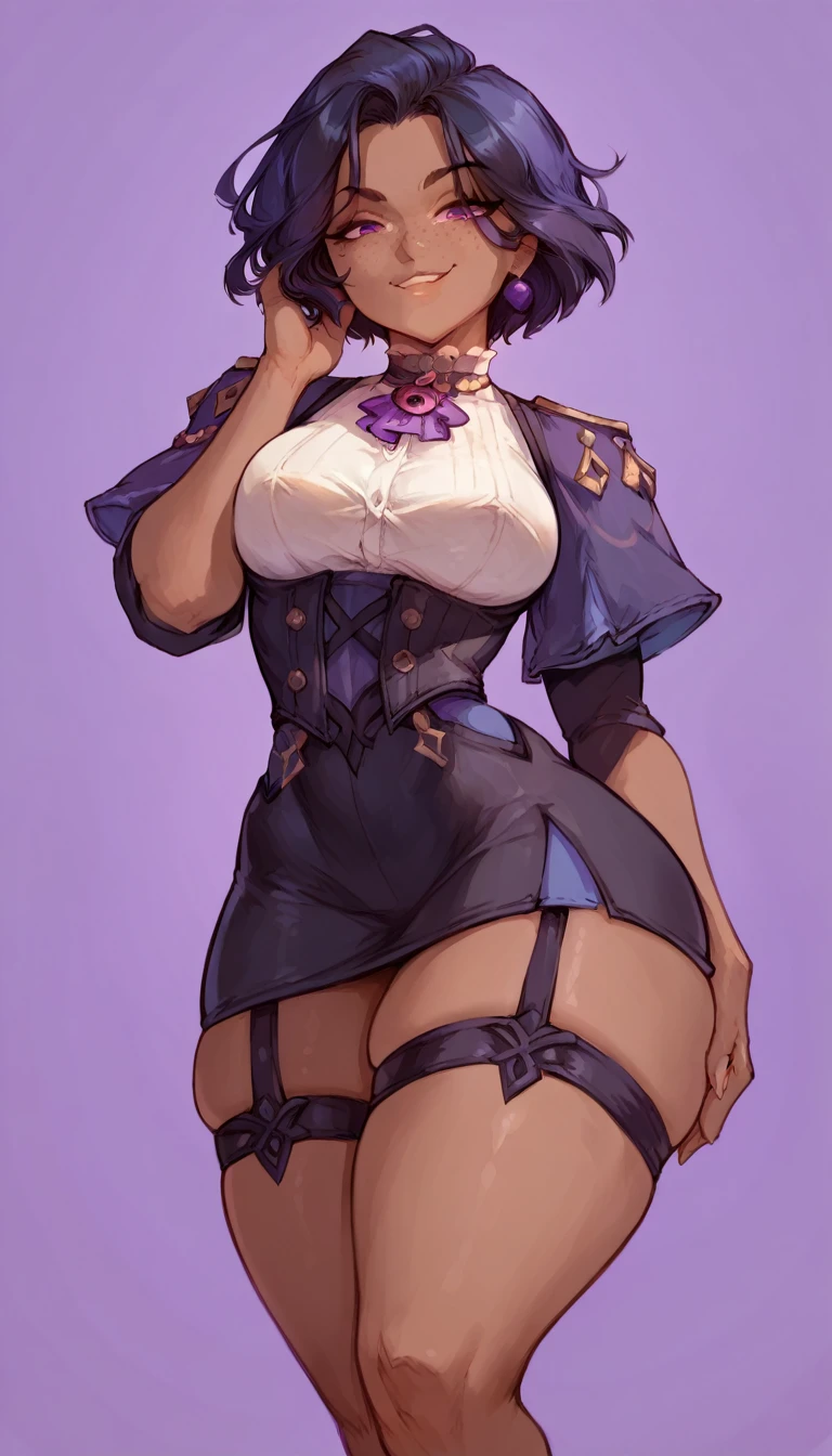 (solo) female , black short hair, woman, attractive ,wearing clorinde outfit, thicc, freckles, freckles on face, smug eyes, (happy expression), she is standing look to the viewer , violet background, simple background, thick thighs  (back view)  (dark skin) 