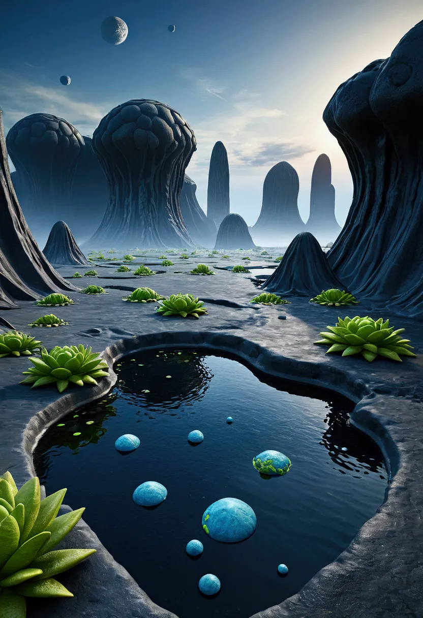 alien otherworldly landscape from a distant planet. the landscape is from marble rocks and hills hills filled with weird organic...