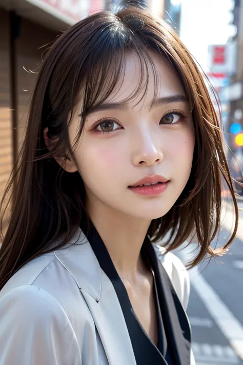 with the backdrop of tokyo alleys、1 girl、independent、look forward to、light eye makeup、brown hair color、flat 、hair blowing in the...