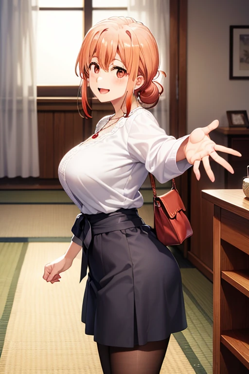 (hdr, highest resolution, best quality, beautiful, raw image, super detailed skin, perfect anatomy, nsfw, POV)), , ((1girl)), (orange hair), brown eyes , (blushing:1.4), ((smile)) ,open mouth , (slender), (large breasts), ((casual clothes, blouse, skirt, ,stockings, bag, necklace)) , (( japanese style room, tatami, shoji window, daytime)), (from side), (((reach out at viewer))