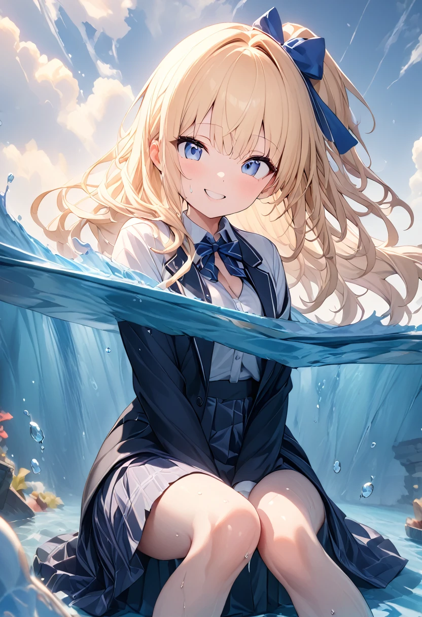 (8k, Best Quality, masterpiece: 1.2),Ultra-high resolution, 1 person, cute, Alone,Highly detailed face, blonde, blazer, shirt, ribbon, Wrinkled skirt, navy blue, Long skirt, sea, sea水浴, Soaking wet, Splash, Water Play, Wet from head to foot, Splash, Submersion, Childish, The best smile, date, Excited, Water droplets on the body, Water up to my chest, 