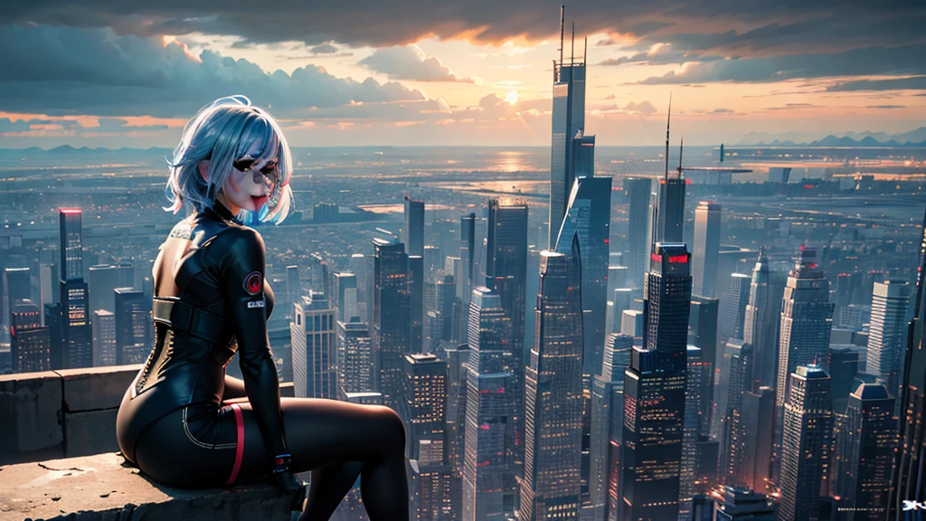 cyberpunk sexy girl with short straight silver and putple hair, sitting on top of a building overlooking the metropolitan city, short clothes, looking at the viewer, sunset, scattered clouds, (best quality,4k,8k,highres,masterpiece:1.2),ultra-detailed,(realistic,photorealistic,photo-realistic:1.37),intricate details,cinematic lighting,vibrant colors,dramatic atmosphere,futuristic cityscape