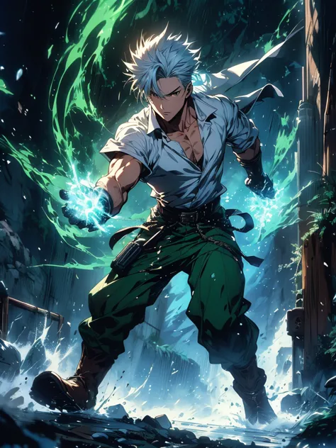 2 anime style wizard man, emanating ice energy, white and spiky hair, yellow eyes, wearing a white button down shirt, wearing gr...