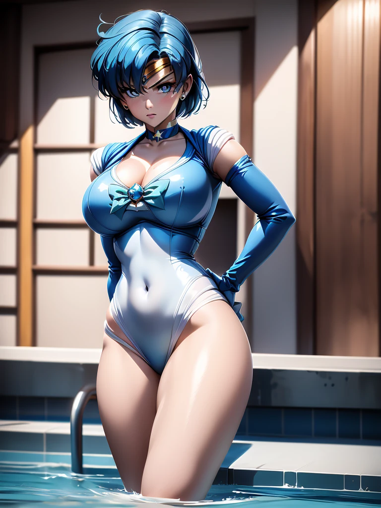 Sailor mercury in full police  suit,long blue hair,Blue Power Ranger, hurricane ,Sexy goth woman big breast, character sheet,inside a pool,High Resolution, Large breasts, 