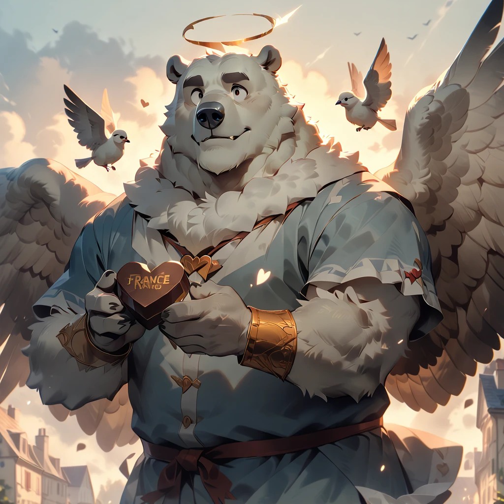 masterpiece, best quality, very aesthetic, absurdres, [face:full body:10], from above, cupid, plump middle-aged polar bear man, fluffy body, angel wings, brown eyes, beautiful beard, male face, big face, square jawline, male eyes, sharp eyes, big eyes, male eyebrows, innocent look, BREAK happy, light smile, hold with both hands heart chocolate, flying, dynamic pose, BREAK [simple background::12], morning, france, outdoor,