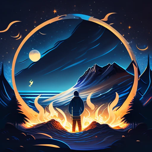 A fire pit on the beach at night, T-Shirt Design, midjourney, vector art, Hydro74, universe 