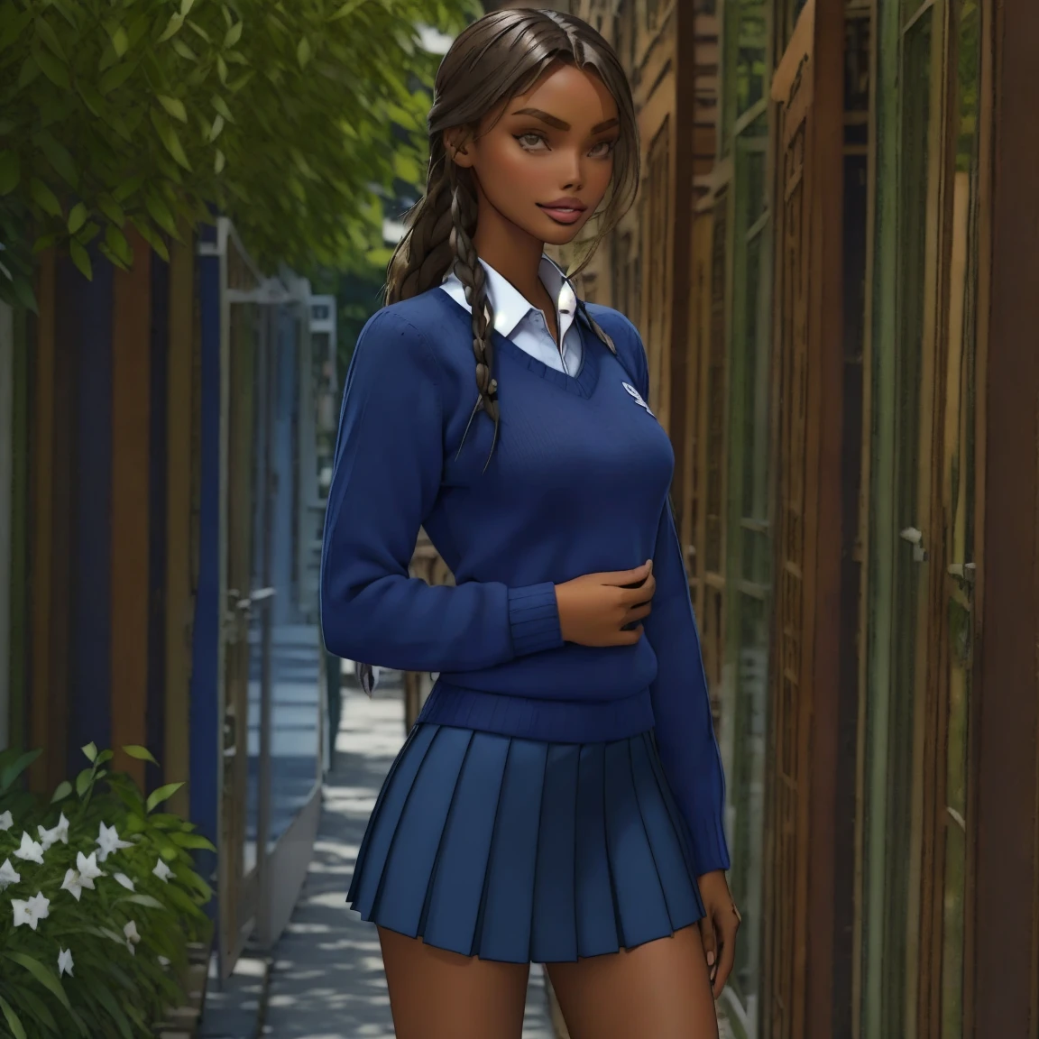 slmn, jasmine tookes,1girl, skinny, masterpiece,best quality,highres,ultra-detailed,aadarjeeling,braid,bangs,school uniform,(navy_blue sweater),emblem,collared shirt,long sleeves,pleated miniskirt,outdoors,standing,:smile,cowboy shot, from side,