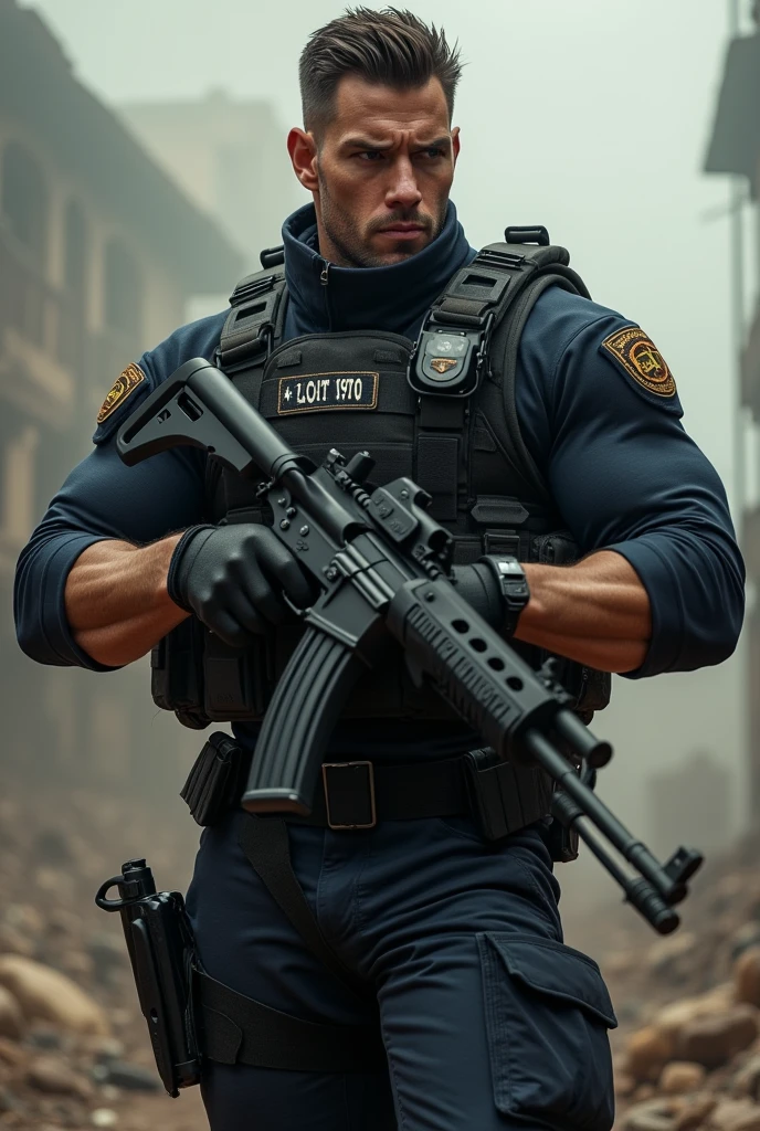 A very handsome big muscular man wearing a Navy Seal black underwater tactical uniform, with tactical gloves and a leg holster for his Colt 1991 .45 caliber handgun, rolled up sleeves, showing biceps, holding an MP5-N submachine gun, background a battlefield, dynamic pose, alpha male, Chad, huge bulge in trousers caused by his gigantic dick