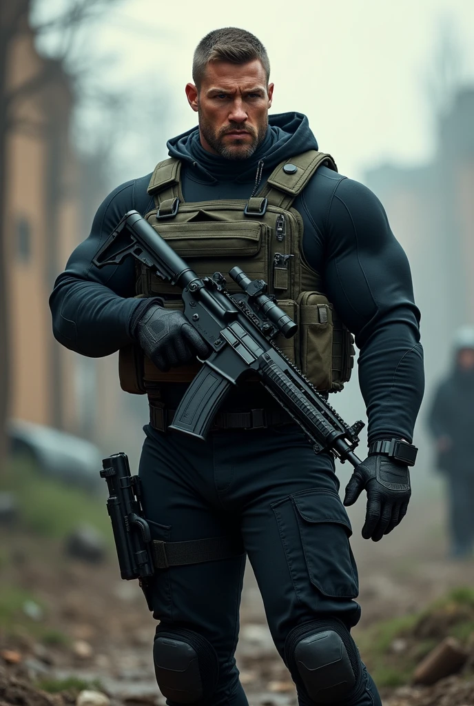 A very handsome big muscular man wearing a Navy Seal black underwater tactical uniform, with tactical gloves and a leg holster for his Colt 1991 .45 caliber handgun, rolled up sleeves, showing biceps, holding an MP5-N submachine gun, background a battlefield, dynamic pose, alpha male, Chad, huge bulge in trousers caused by his gigantic dick