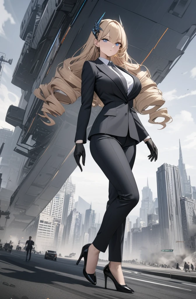 ((masterpiece)), ((high quality)),((ultra-detailed)), ((extremely detailed)),4K,8K, (character portrait), wearing blue pants suit, in business suits, navy collared shirt, a beautiful woman, very tall woman with great style, tight suit, big breasts, slender body, 1girl, solo, purple pupils, perfect hands, perfect face, perfect eyes, perfect body, perfect legs, serious, city background, ,Masterpiece, best quality, ,suit, pants, pencil drawning, color accents, color highlights, (grayscale:1.3),blonde hair, long hair, drill hair, hair ornament, headgear, blue eyes, white shirt, gloves, armored pumps, back view, ((full body))