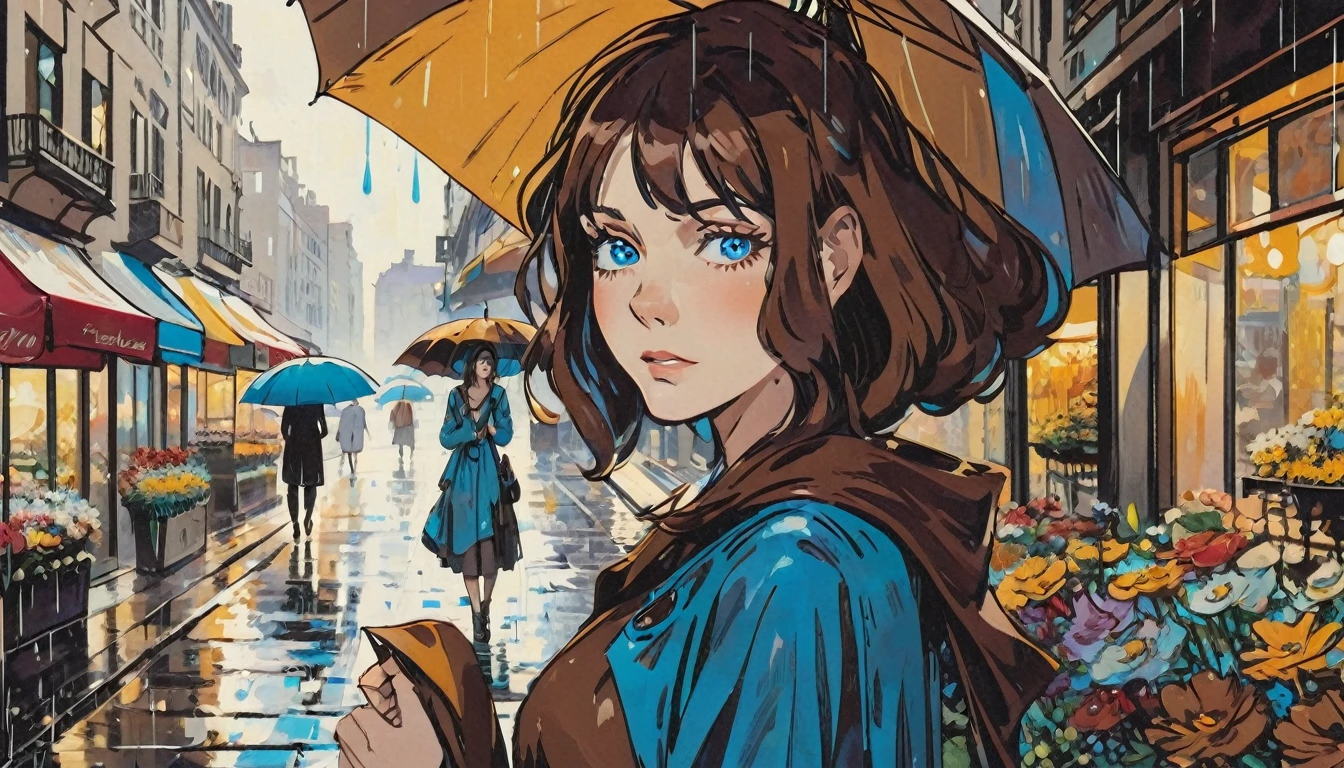 a woman, expressive blue eyes, brown hair, umbrella, she walks in the rain, a florist in a city in background, detail richness, masterpiece, best quality