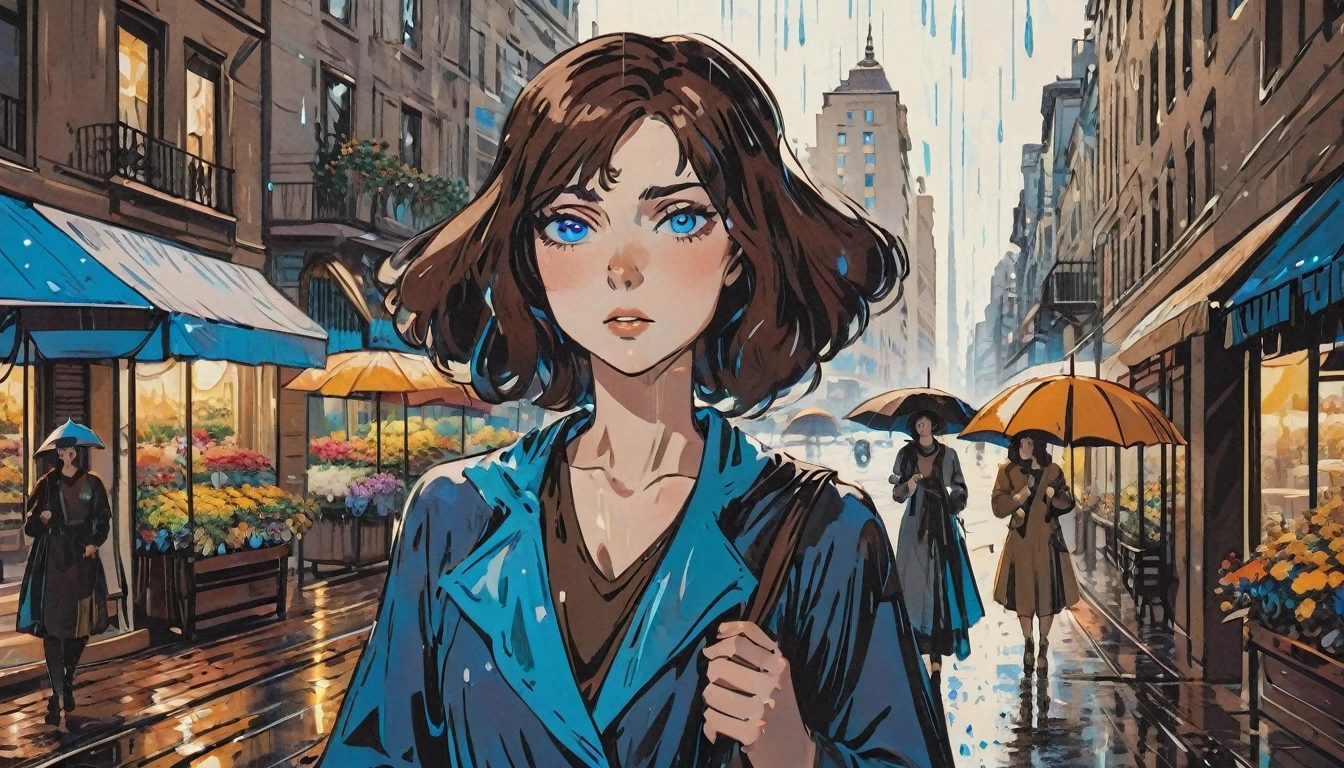 a woman, expressive blue eyes, brown hair, umbrella, she walks in the rain, a florist in a city in background, detail richness, masterpiece, best quality