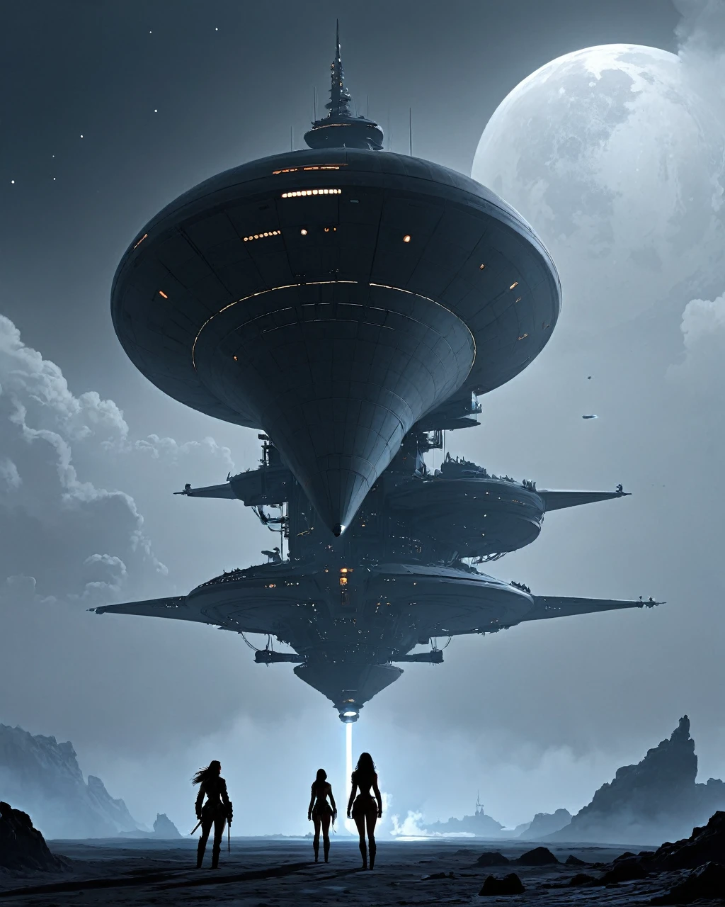 concept art, naked anne bonny and mary read, making love, penetration, android womans, grey silhouette spaceship by Ludwik Konarzewski Jr, rozalski, by Artur Tarnowski, by Adam MarczyÅski, concept art for movies, by Ludwik Konarzewski, war of the worlds, sci - fi illustrations . digital artwork, illustrative, painterly, matte painting, highly detailed 