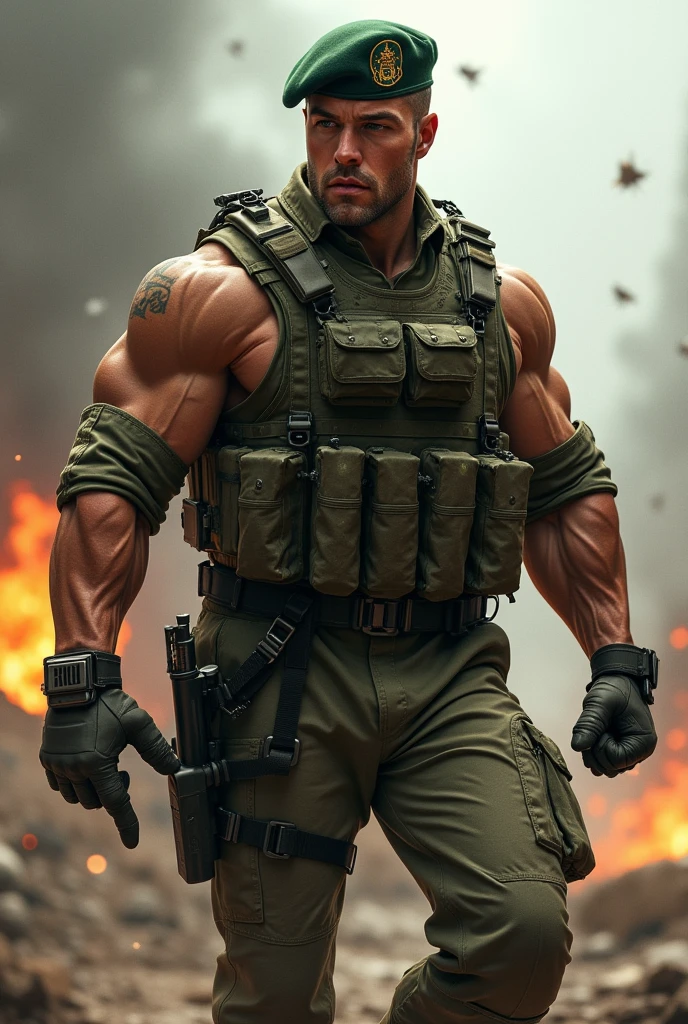 A very handsome big muscular man wearing a soldier combar uniform, with tactical gloves and spec ops green beret, rolled up sleeves, showing biceps, background a battlefield