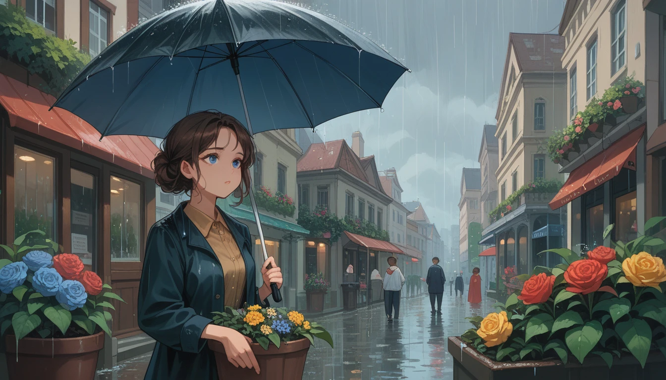 a woman, expressive blue eyes, brown hair, umbrella, she walks in the rain, a florist in a city in background, detail richness, masterpiece, best quality