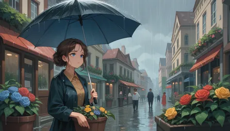 a woman, expressive blue eyes, brown hair, umbrella, she walks in the rain, a florist in a city in background, detail richness, ...