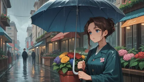 a woman, expressive blue eyes, brown hair, umbrella, she walks in the rain, a florist in a city in background, detail richness, ...