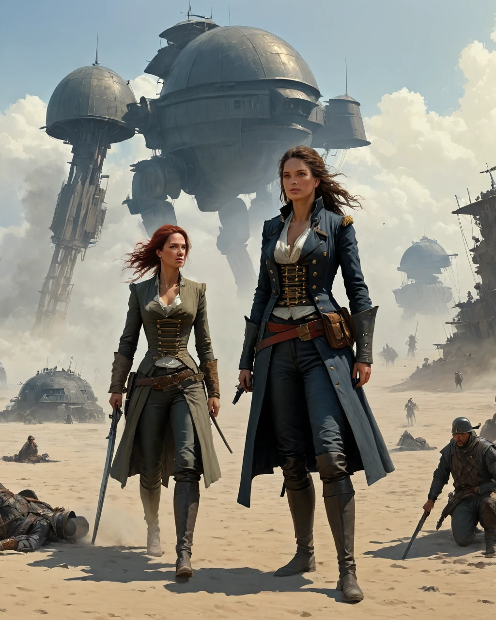 concept art, tarkus, anne bonny and mary read, by Ludwik Konarzewski Jr, rozalski, by Artur Tarnowski, by Adam Marczyaski, concept art for movies, by Ludwik Konarzewski, war of the worlds, sci - fi illustrations . digital artwork, illustrative, painterly, matte painting, highly detailed 