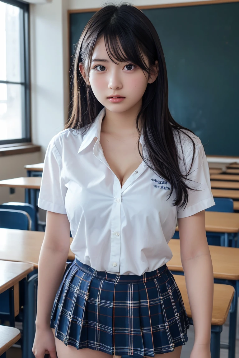 Dynamic pose,Deep neckline,Bursting Chest,Cleavage,Browse with caution,Best Quality,Ultra-high resolution,1 person,whole body,Black Hair, Cool look,Looking at the camera,Beautiful and exquisite face,Beautiful and delicate skin,Skin Texture,high school student,Uniform,Checked mini skirt,Classroom after school,Standing pose