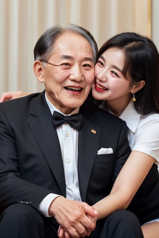 (((70 years old korean ugly man and 1 korean young girl couple))), {1 korean girl, 20-year-old, strikingly beautiful, black hair, big breasts, delicate facial features, red lips, expressive eyes, brightly smile, eyes hook the soul seduces you, sitting on the sofa, ((girl wearing collared white shirt and the pink bow tie and pink pencil skirt)), (silver tiara, earrings)}, (((70 years old korean man wearing business suit))), (((((70 years old korean man hug on young girl's chest and laughing)))), (young girl kiss old man), focus on 70 years old korean man, in the shavy and dark karaoke, neon, (young girl holding a money bills in her hands),
