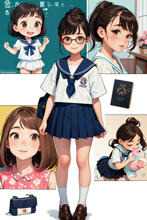 high quality、High resolution、masterpiece，Detailed Background、Very small teenage girl，Chibi，(Two Girls:1.5)、Brown Hair、baby face，Glasses，Bobcut、ponytail、Flat Chest:1.3、Very short stature，Very thin thighs，Brightly colored sailor suits、Navy blue pleated mini skirt、White knee-length socks、loafers，belly button，Floral embroidered panties for girls、Floral embroidered bra、She looked happy and showed me her panties.，Laugh playfully、smile、Small and cute，lift，school bag，Cunning gestures，Holding a big teddy bear，Precisely detailed cute teddy bear，
In preparation 