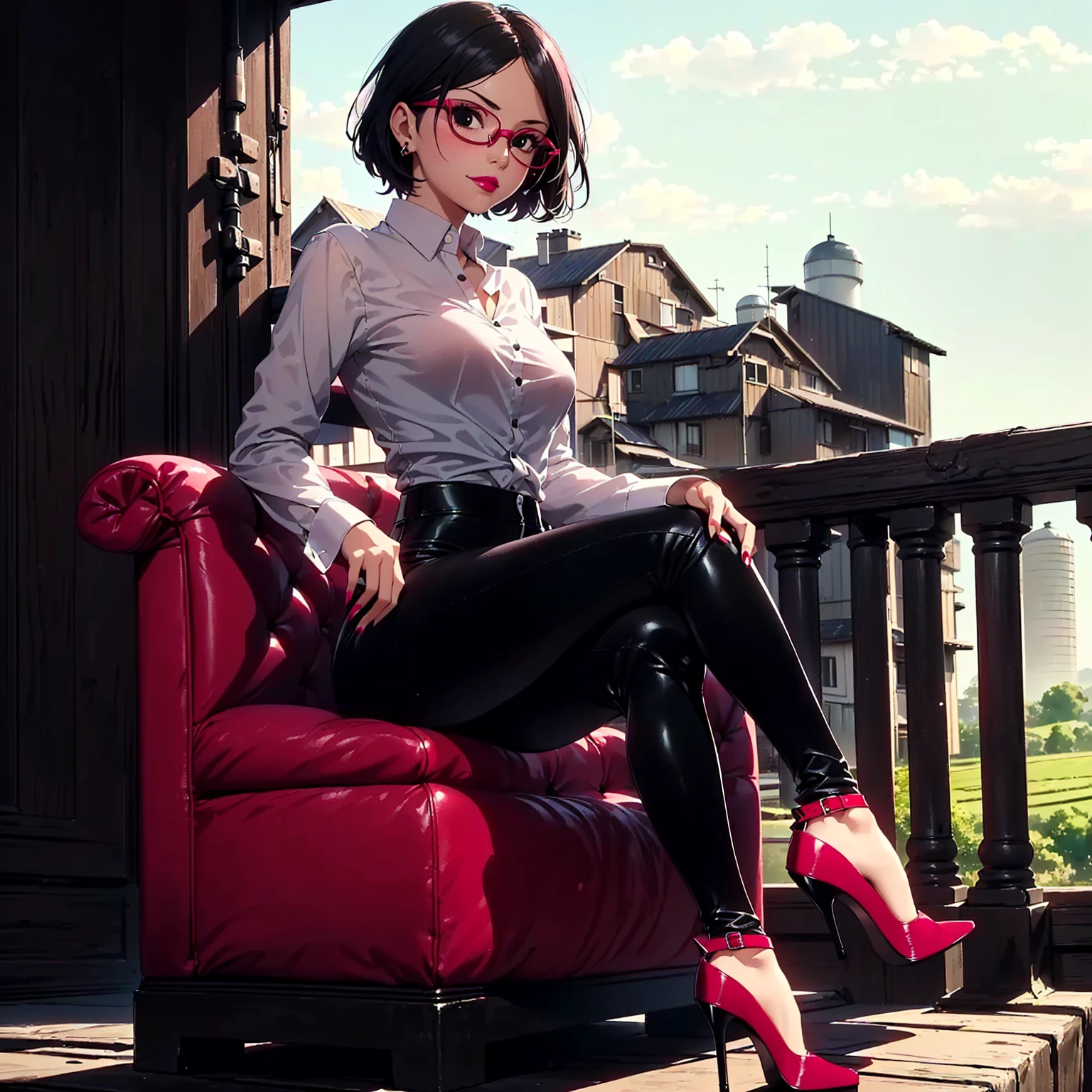 (1girl, solo, alone), (WakatsukiRisa, sarada uchiha, black hair, short hair, black eyes, red glasses), ((solo, (1woman, pink lipstick, (small bust), black eyes), Extremely detailed, ambient soft lighting, 4k, perfect eyes, a perfect face, perfect lighting, a 1girl)), austere, ((black leather pants, (high heels, ((dress shirt, white shirt, long sleeve blouse))), black leggings, leather pants, black pants, ((stiletto high heels, (peep toes, crossed legs ), black high heels with red soles, high heels, pointed toe heels, house)), tight clothes, shiny leather, leather, leathery, farm, balcony, sitting on a balcony, on a balcony, looking to the left, side perspective, admiring the landscape, farm background, pond, smug))