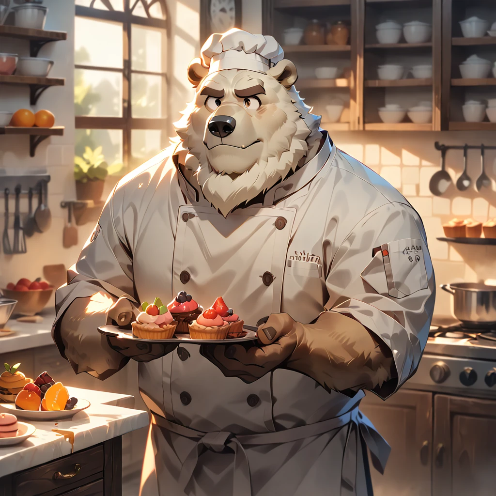 masterpiece, best quality, very aesthetic, absurdres, BREAK [face:full body:10], looking away, from above, Pastry chef, plump middle-aged french polar bear man, fluffy body, brown eyes, beautiful beard, male face, big face, square jawline, male eyes, sharp eyes, big eyes, male eyebrows, innocent look, BREAK happy,little smile, chef's hat, cook a chocolate, assorted fruits, dynamic pose, BREAK [simple background::12], morning, Patisserie, kitchen, indoor, france,  