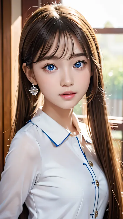 portrait、school uniform、very beautiful baby face、bright expression、ponytail、young, lustrous, glowing, white skin、cheek highlight...